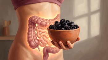 Ilustración del torso de una persona sosteniendo un cuenco de moras negras, con los intestinos iluminados en el abdomen.