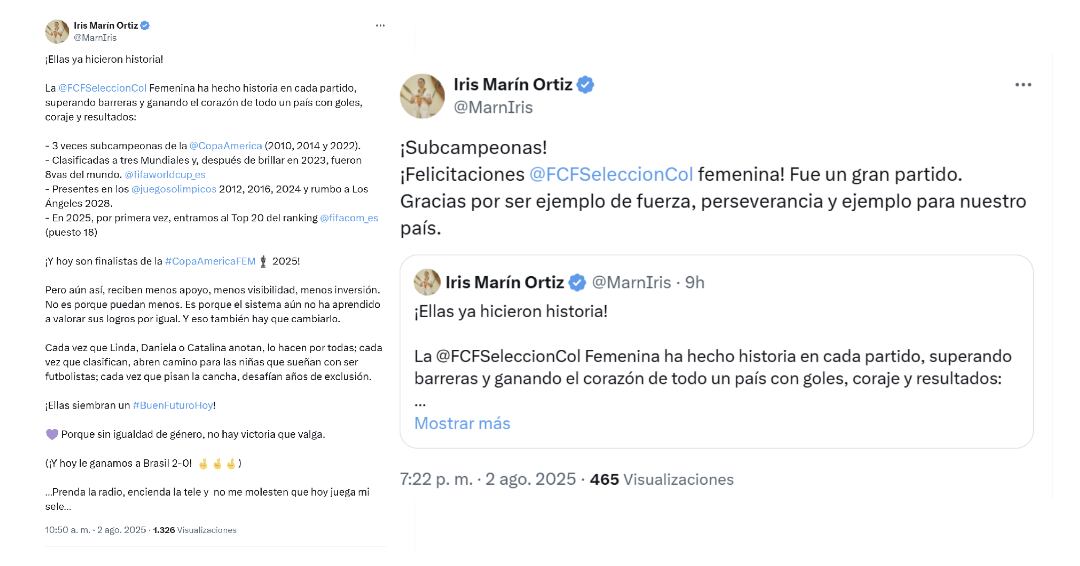 La defensora del Pueblo, Iris Marín, felicitó a las jugadoras de la selección femenina y resaltó sus logros - crédito @MarnIris/X