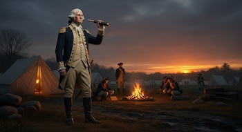 George Washington con uniforme militar sostiene un catalejo junto a un campamento y soldados alrededor de una fogata.