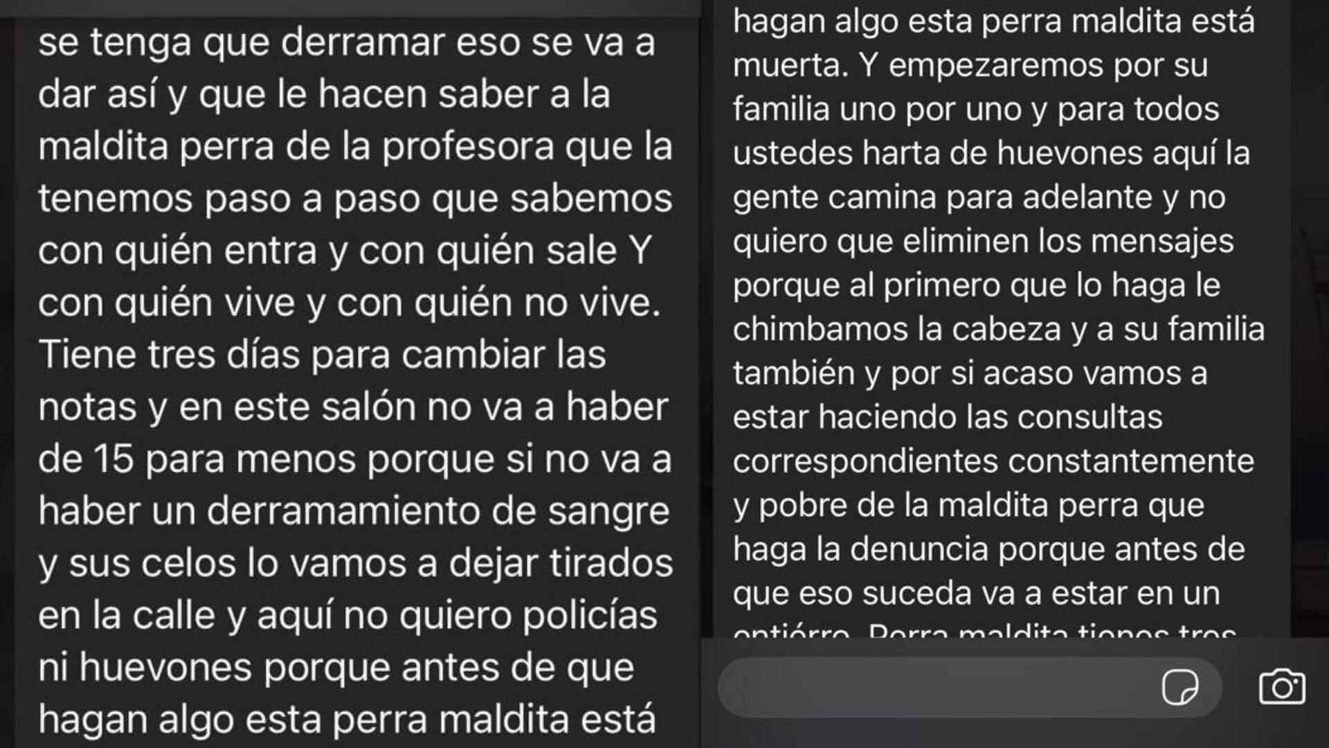 Un mensaje de texto muestra amenazas de violencia y extorsión dirigidas a una profesora para que cambie calificaciones académicas. (LP Derecho)