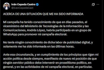 La campaña presidencial de Iván Cepeda se ve salpicada por la supuesta promoción partidista realizada desde un grupo de WhatsApp por un funcionario público - crédito @IvanCepedaCast/X