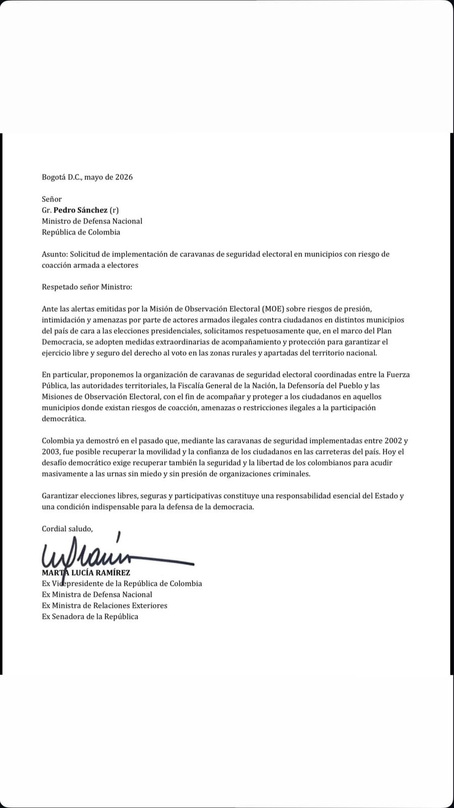 La propuesta de Ramírez plantea la coordinación entre Fuerza Pública, Fiscalía, Registraduría y misiones de observación nacional e internacional - crédito Marta Lucía Ramírez/TikTok