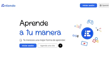 Interfaz web de Entiendo con la frase Aprende a tu manera, botones de acceso y gráficos con íconos educativos sobre fondo blanco