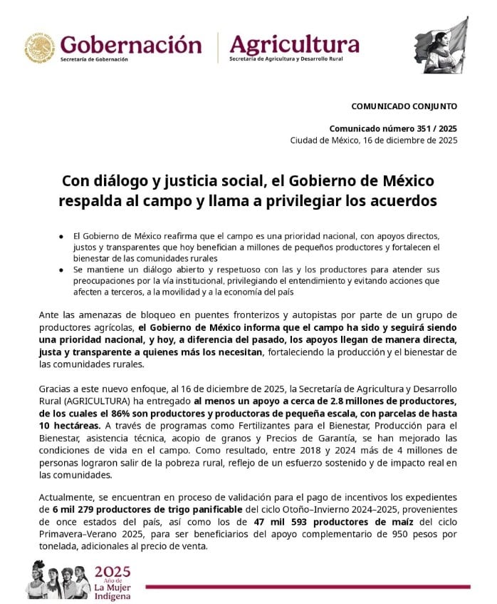 SADER destacó que el diálogo sigue siendo la vía principal para atender las demandas del campo y que se mantiene dispuesto a negociar de manera respetuosa y legal. Crédito: SADER