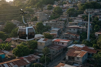 Una cabina de teleférico blanca sobrevuela casas de un barrio poblado sobre una colina en San Miguelito.