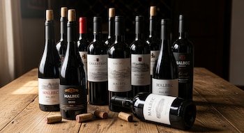 Primer plano de diez botellas de vino Malbec, algunas con corcho y otras con tapa, agrupadas sobre una mesa rústica de madera clara.