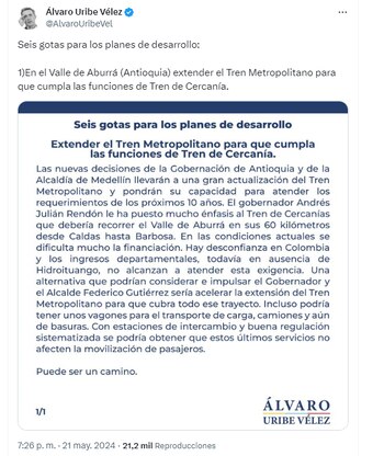 Uribe propone proyecto de infraestructura