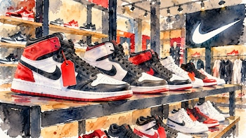 Ilustración en acuarela de varias zapatillas deportivas de colores rojo, blanco y negro sobre estantes, con el logotipo de Nike al fondo