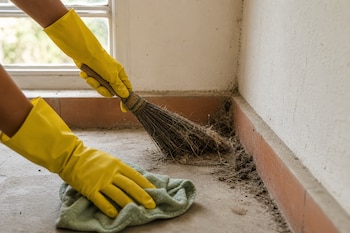 Manos con guantes amarillos limpian el suelo polvoriento de una habitación usando una pequeña escobilla de paja y un paño verde.
