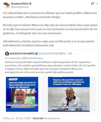 Petro señaló vía X que fue "calumniado", luego de los detalles que se revelaron tras la reunión que sostuvo una delegación de su administración en octubre de 2025 con varios exjefes paramilitares - crédito @petrogustavo/X