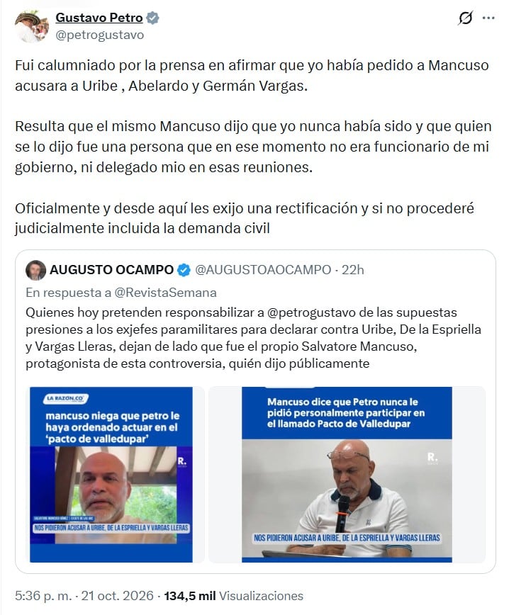 Petro señaló vía X que fue