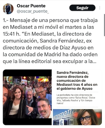 Tuit de Óscar Puente señalando