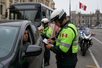 Un policía con chaleco fluorescente escribe una infracción junto a un vehículo, cerca de un autobús y la bandera peruana.