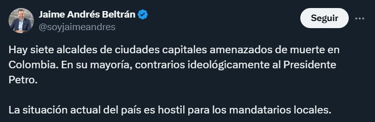 Jaime Andrés Beltrán arremetió contra el presidente Petro tras el atentado contra Miguel Uribe - crédito @soyjaimeandres/X