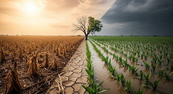 Campo dividido por un árbol central: a la izquierda, sequía con tierra agrietada y cultivos secos; a la derecha, inundación con cultivos verdes y lluvia intensa.