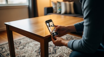 Manos sosteniendo un smartphone que muestra una regla virtual midiendo el borde de una mesa de madera en una sala de estar con una alfombra y un sofá.