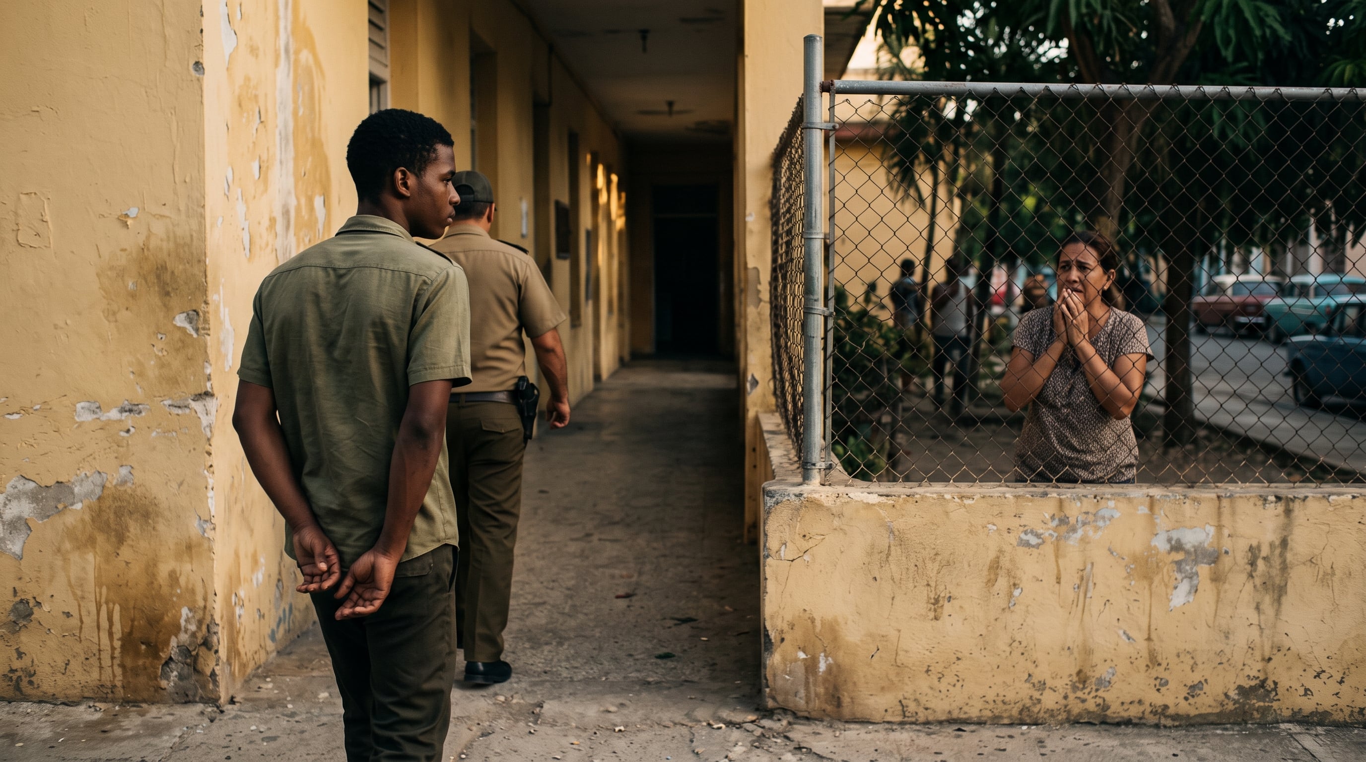 Un oficial conduce a un hombre por el pasillo de una instalación gubernamental en Cuba mientras una mujer lo observa desde el otro lado de un cerco de alambre. (Imagen Ilustrativa Infobae)
