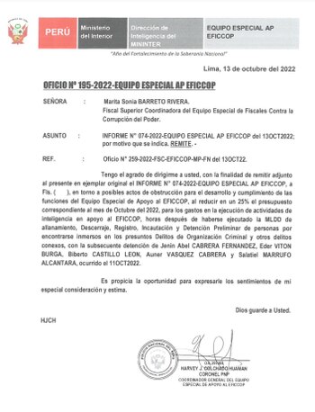 Oficio del coronel Harvey Colchado