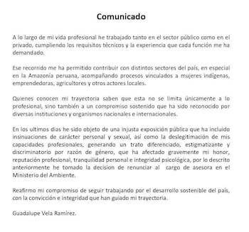 Guadalupe Vela comunicó su renuncia