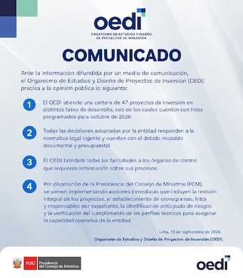 El Organismo de Estudios y Diseño de Proyectos de Inversión (OEDI) recibe millones de soles pero solo ejecutó un proyecto: presupuesto se destina a sueldos y festejos. (Foto: OEDI)