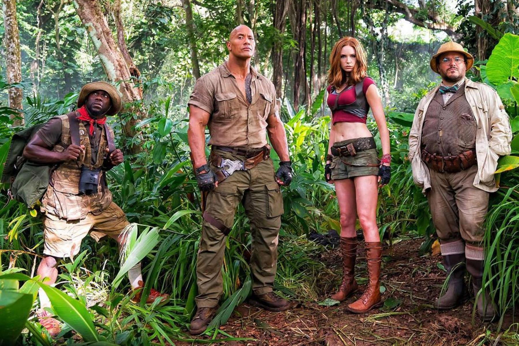 De izquierda a derecha: Kevin Hart, Dwayne Johnson, Karen Gillan y Jack Black en 'Jumanji: Bienvenidos a la jungla'. (Sony Pictures)