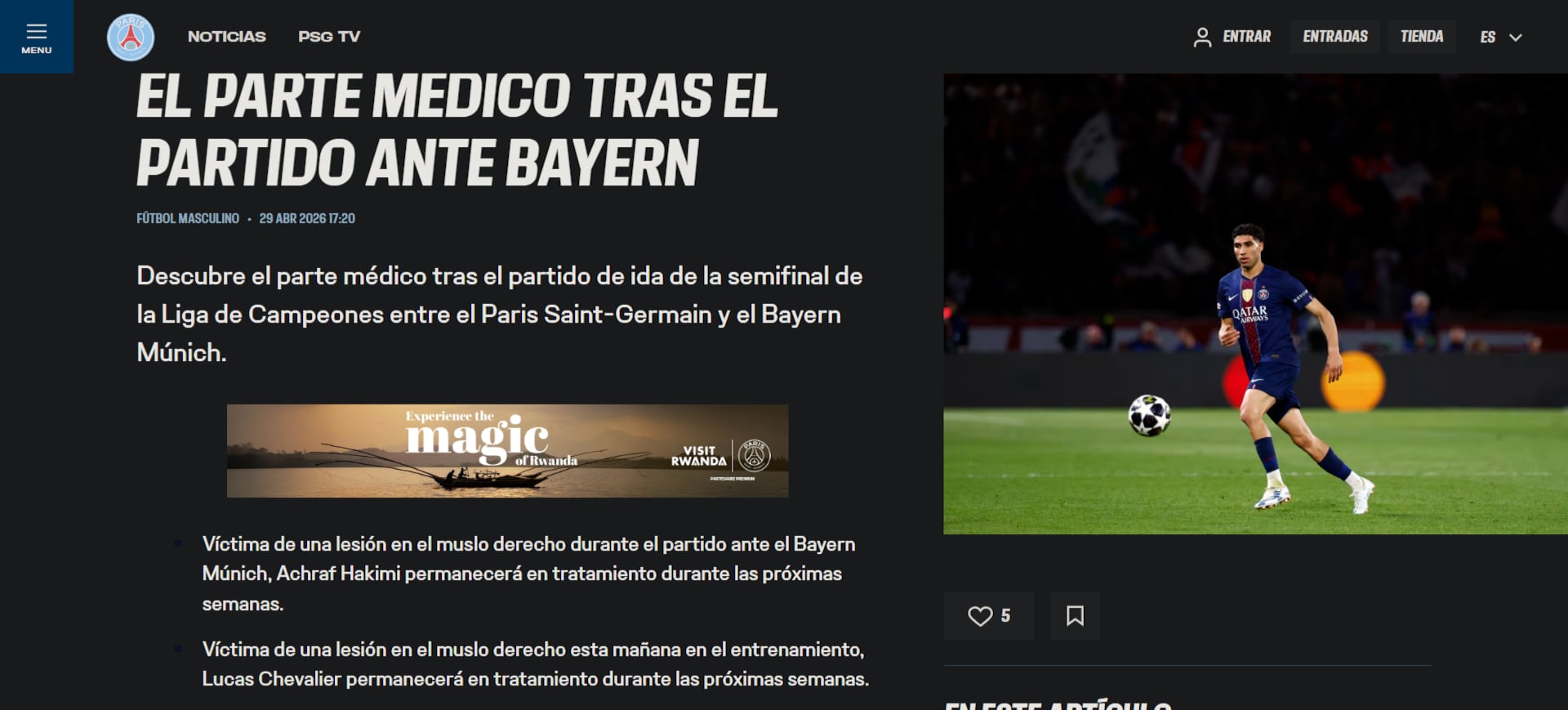 A través de su página oficial, el vigente campeón de Europa confirmó la baja del marroquí Achrak Hakimi-crédito página oficial París Saint Germain