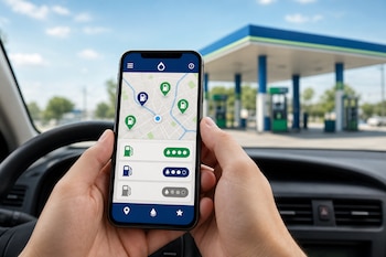 Manos sosteniendo un teléfono inteligente con un mapa interactivo frente al volante de un automóvil y una estación de servicio al fondo.