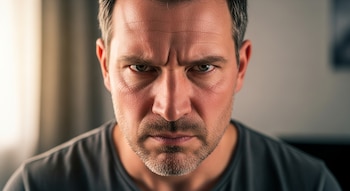 Primer plano del rostro de un hombre de 40 años con expresión de enojo visible.