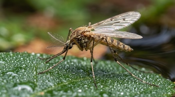 Un mosquito de cuerpo marrón y alas transparentes sobre una hoja verde cubierta de microgotas de agua.
