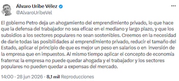Álvaro Uribe Vélez criticó la política económica de Gustavo Petro y pidió reducir el tamaño del Estado - crédito @AlvaroUribeVel/X