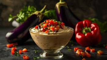 Crema de berenjena con pimiento asado, especias y presentación rústica para aperitivo. – (Imagen Ilustrativa Infobae)