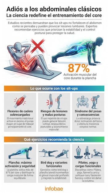 Ilustración de ejercicios: sit-up tachado y plancha. Incluye diagramas de músculos y columna. Texto sobre entrenamiento del core y ejercicios recomendados. Logo Infobae.