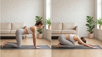 Dos imágenes contiguas de una mujer en ropa deportiva realizando estiramientos sobre una esterilla gris en una habitación luminosa