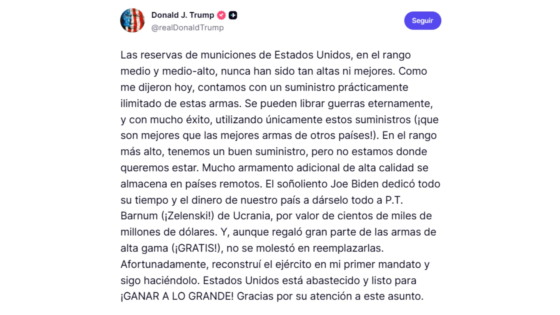 Donald Trump habló sobre la capacidad militar de las fuerzas estadounidenses (@realDonaldTrump)