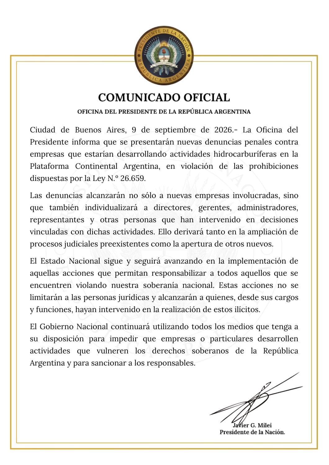 Un comunicado de la Oficina del Presidente de Argentina anuncia denuncias penales contra empresas que realicen actividades hidrocarburíferas no autorizadas en la Plataforma Continental. (Oficina del Presidente)