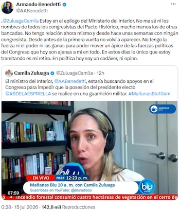 Armando Benedetti rechazó versiones sobre intervención en la sede del traspaso presidencial - crédito @AABenedetti/X