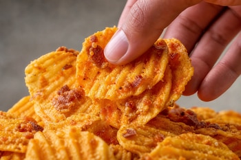 Primer plano de una mano que toma papas fritas onduladas de color dorado con sazón de queso y trozos de tocino.
