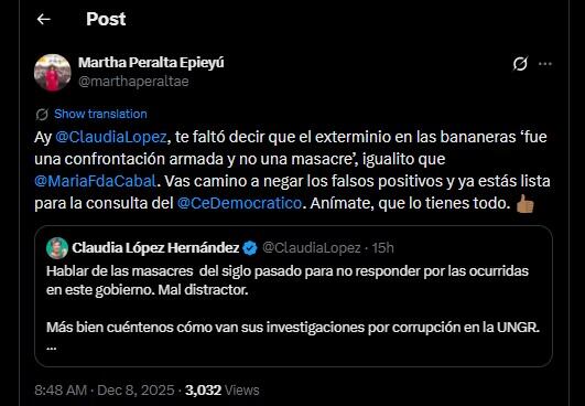 Martha Peralta comparó a Claudia López con María Fernanda Cabal - crédito @marthaperaltae