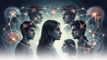 Ilustración de siete perfiles de personas con cerebros transparentes conectados por líneas y puntos luminosos, sobre un fondo oscuro que se desvanece.