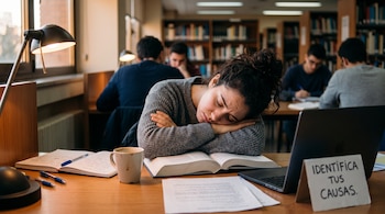 Una mujer recostada sobre un libro abierto en una mesa con una taza de café, cuadernos, una computadora portátil y un cartel.