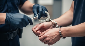 Primer plano de las manos de un policía con guantes negros quitando unas esposas de las muñecas de una persona con una llave. Solo se ven las manos y parte de los brazos.