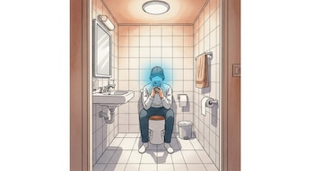 Ilustración de baño doméstico con inodoro, lavabo, espejo, toalla y papel higiénico. Una persona sentada en el inodoro usa un teléfono móvil con pantalla azul.