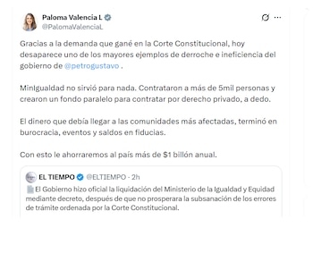 Paloma Valencia celebró fin del Ministerio de Igualdad