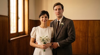 Fotografía de una pareja, un hombre con traje y una mujer con vestido blanco sosteniendo un ramo de flores, posando frente a paneles de madera y una ventana
