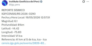La profundidad registrada permitió que el suelo experimentara un desplazamiento leve, lo que redujo el riesgo de daños estructurales severos en las zonas afectadas - Créditos: @igp_peru.