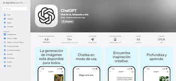 Captura de pantalla de la página de la aplicación ChatGPT en la App Store de Apple para iPhone, con su icono, título, valoraciones y descripción general