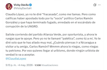 Vicky Dávila aludió a vínculos políticos de Claudia López con figuras cuestionadas en el ámbito nacional - crédito @VickyDavilaH/X