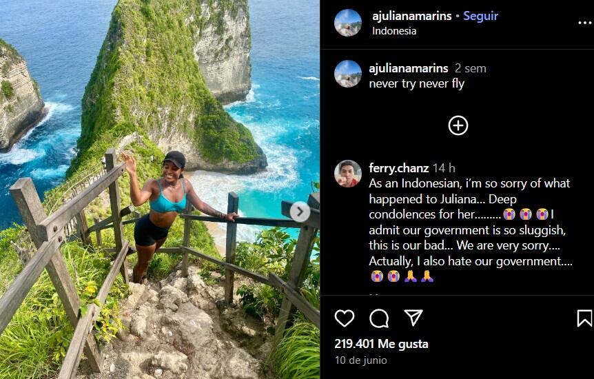 Su última publicación en Instagram, con la frase “Never try, never fly”, se ha convertido en un espacio de homenaje, donde numerosos seguidores expresan mensajes de tristeza y admiración tras conocerse el accidente (Instagram)