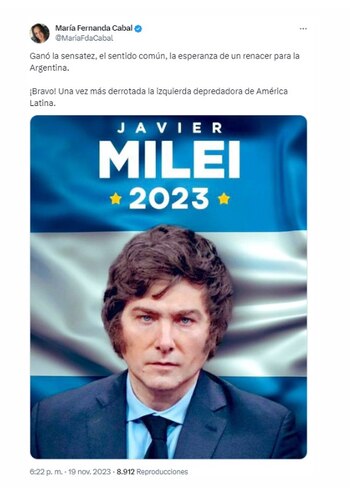 Esta fue la respuesta que ofreció María Fernanda Cabal tras el triunfo de Javier Milei en las elecciones presidenciales de Argentina - crédito @MariaFdaCabal/X