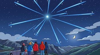 Caricatura de cuatro personas y un coche, de espaldas, observando un cielo nocturno estrellado con múltiples rayos de luz azul y una luna creciente sobre montañas.
